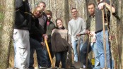 Students fill a rock crib frame with dirt and rock. From left to right; Michael Tyler, Ryan May, Joe Thompson, Brendon McKenna, Angela Lanham, Joe Ferraro, Rick Lisenby and Seth Simko. Not pictured are Paul Frangipane and Dan Hromnak