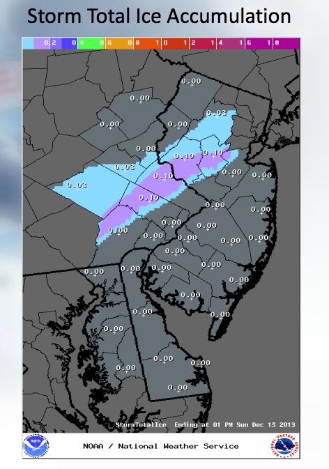 Areas of total ice accumulation expected for the storm on Dec. 14, courtesy of the National Weather Service.