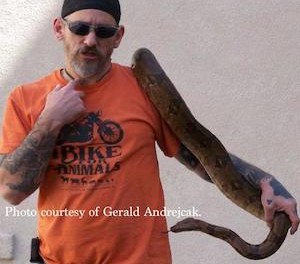 A photo of Gerald Andrejcak pictured with a snake he has cared for. Photo courtesy of Gerald Andrejcak.