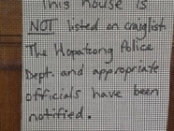 A note on a door a resident in Hopatcong has placed on their home, after their home was fraudulently put up for rent on Craigslist by another person. Photo courtesy of the Hopatcong Police Department.