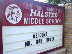 The Halsted Middle School sign welcomes author Rob Buyea to the school. Photo by Jennifer Jean Miller.