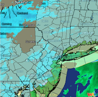 Weather radar from Jan. 26. The green band along the coastline denotes areas where the Blizzard Warning is in effect. Image courtesy of Weather Underground.