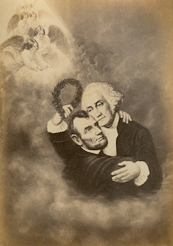 Apotheosis of Abraham Lincoln being greeted in heaven by George Washington. Public domain image from the 1860s courtesy of Wikimedia.