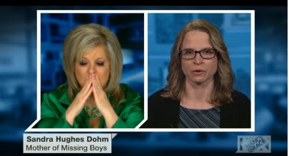 Television journalist Nancy Grace holds back her emotions during the broadcast with Sandra Hughes Dohm. Image courtesy of HLN TV.