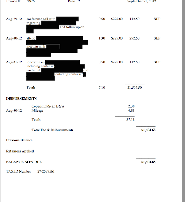 Editor's Note: This is the second page of a Sept. 21, 2012 invoice sent to Sussex County Administrator John Eskilson, which was heavily redacted when Sussex County Freeholder Gail Phoebus' counsel requested it.