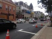 Crews just painted lines along both sides of Spring Street for parking spots. Photo by Jennifer Jean Miller.