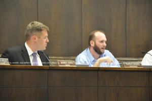 Mayor Dan Flynn (left) and councilman Wayne Levante (right) during the discussion about the crosswalks in Newton. Photo by Jennifer Jean Miller. 