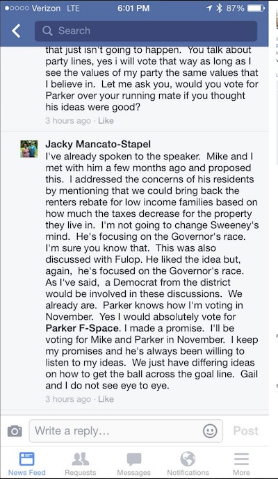 A Facebook Post where Jacqueline Stapel, who is running against Parker Space, mentions she will give her vote to him to fulfill a promise she made two years ago. Image courtesy of Facebook. 