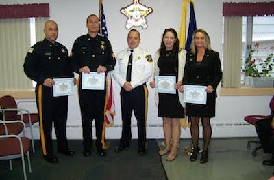 From L-R: Corrections Officer Brandon Fazio, Sergeant Paul Reiher, Sheriff Michael F. Strada, Licensed Practical Nurse Jean Thompson, and Registered Nurse Cathy Toth. Image courtesy of the Sussex County Sheriff's Office.