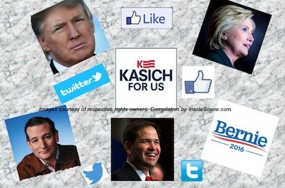 The current candidates clockwise - Hillary Clinton (D), Bernie Sanders (D), Marco Rubio (R), Ted Cruz (R), Donald Trump (R), John Kasich (R). Image created by Jennifer Jean Miller for InsideScene.com. All images used the respective property of the copyright owners.