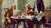 The artistic depiction of the Declaration of Independence being written, with (from left to right): Benjamin Franklin, John Adams and Thomas Jefferson. Public domain image by Jean Leon Gerome Ferris.
