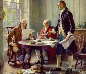 The artistic depiction of the Declaration of Independence being written, with (from left to right): Benjamin Franklin, John Adams and Thomas Jefferson. Public domain image by Jean Leon Gerome Ferris.