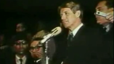 Robert F. Kennedy in his speech promoting unity in April 1968, following the assassination of Dr. Martin Luther King, Jr. Fair use image.